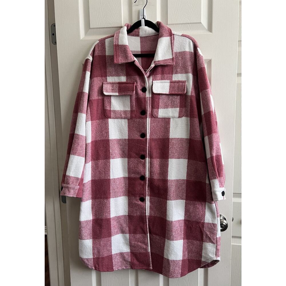 Pink White Plaid Check Buffalo Print Flannel Midi Button Long Shacket Jacket XL - Picture 2 of 11